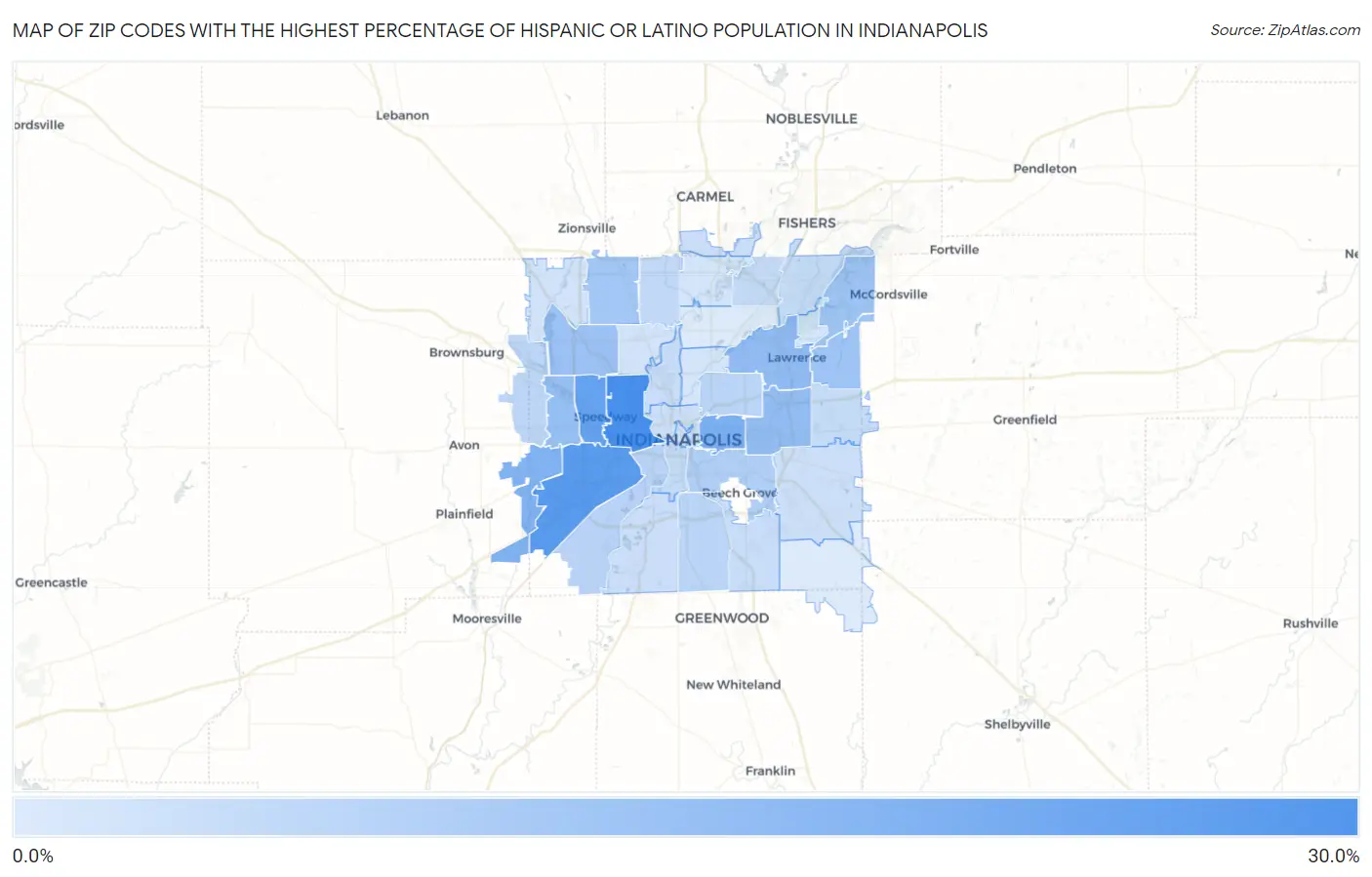 Zip Codes with the Highest Percentage of Hispanic or Latino Population in Indianapolis Map