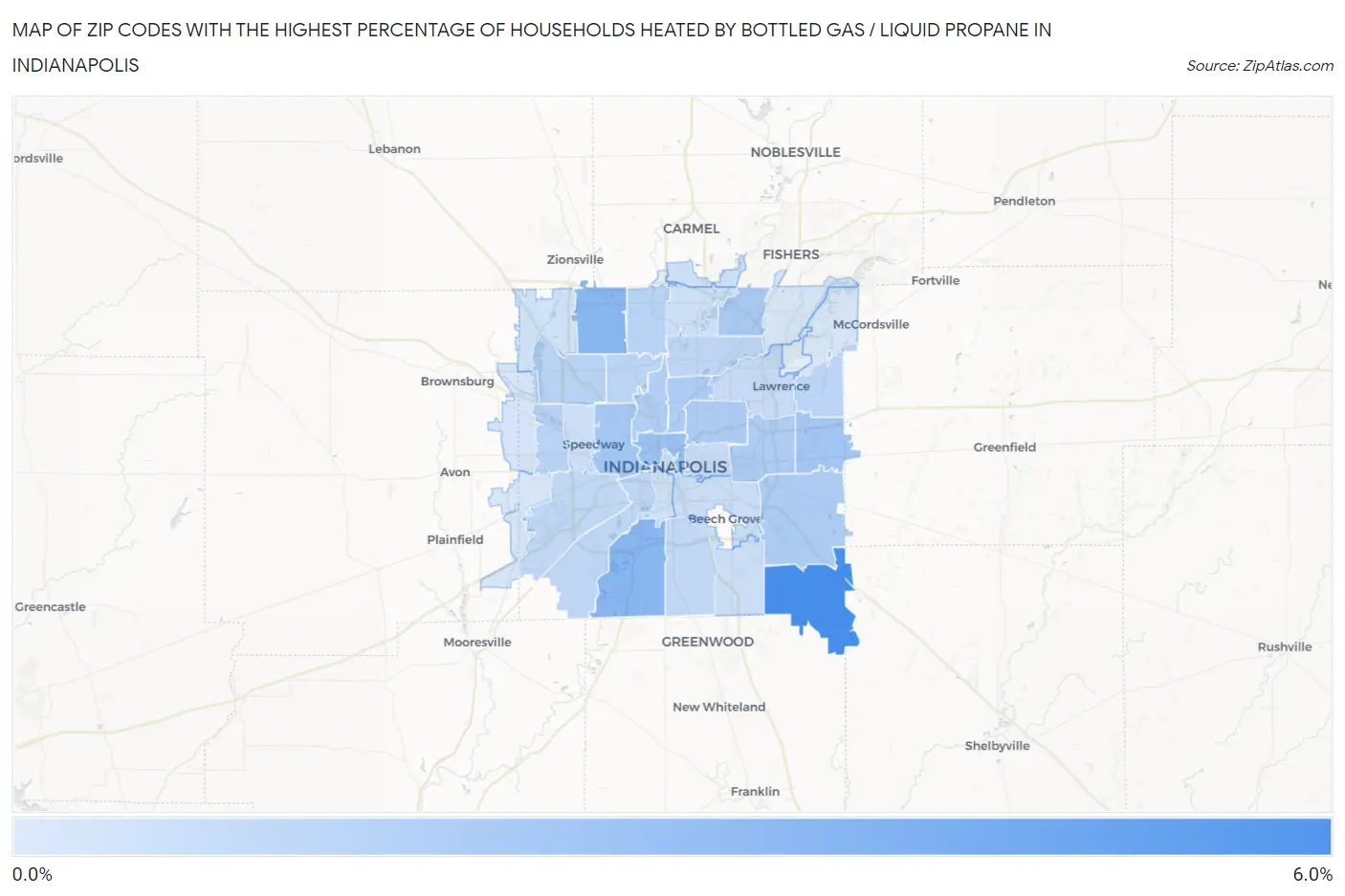 Zip Codes with the Highest Percentage of Households Heated by Bottled Gas / Liquid Propane in Indianapolis Map