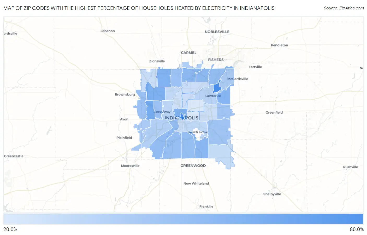 Zip Codes with the Highest Percentage of Households Heated by Electricity in Indianapolis Map