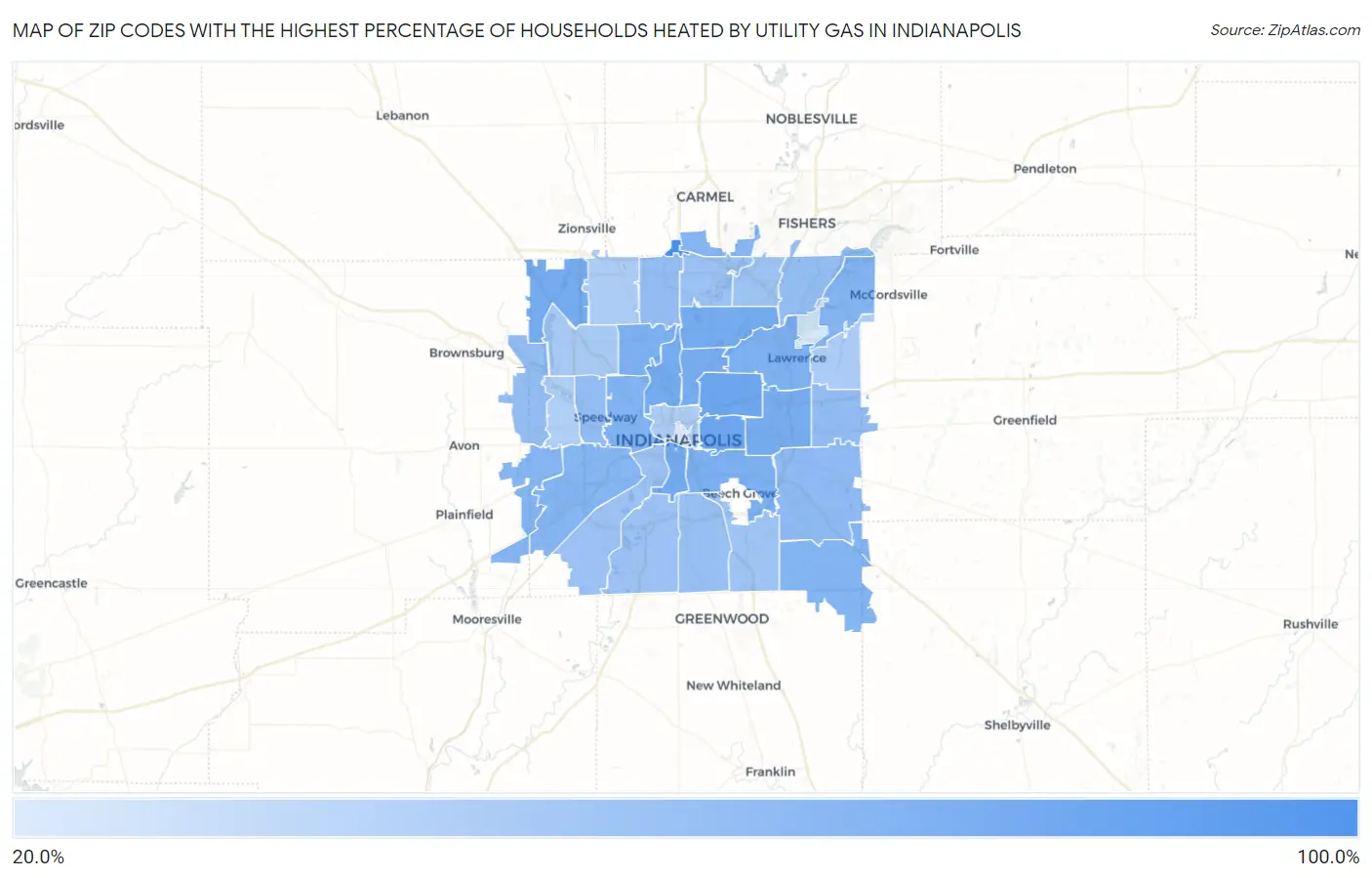 Zip Codes with the Highest Percentage of Households Heated by Utility Gas in Indianapolis Map