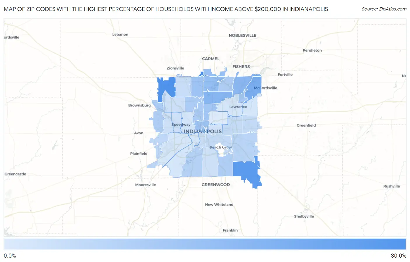 Zip Codes with the Highest Percentage of Households with Income Above $200,000 in Indianapolis Map