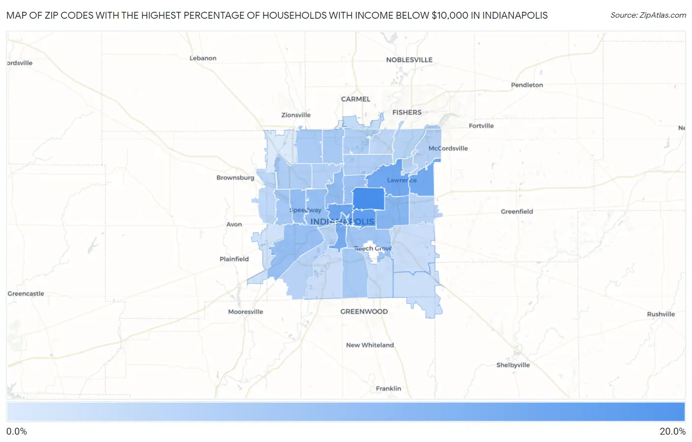 Zip Codes with the Highest Percentage of Households with Income Below $10,000 in Indianapolis Map