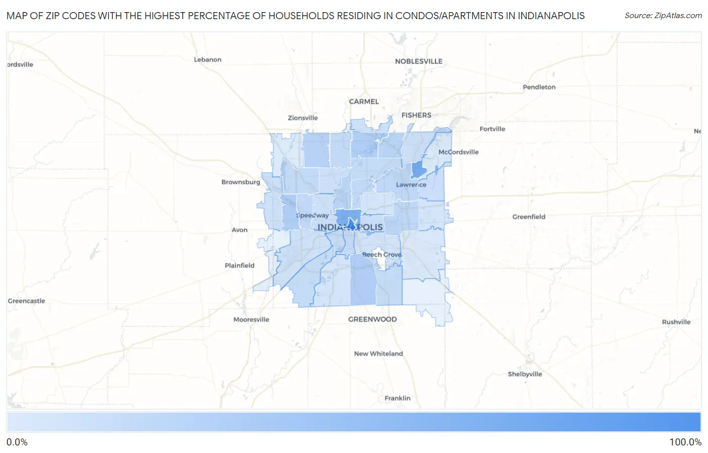 Zip Codes with the Highest Percentage of Households Residing in Condos/Apartments in Indianapolis Map