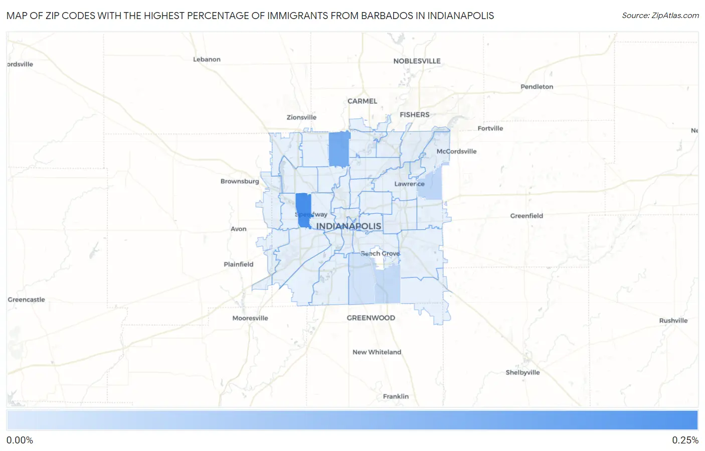 Zip Codes with the Highest Percentage of Immigrants from Barbados in Indianapolis Map