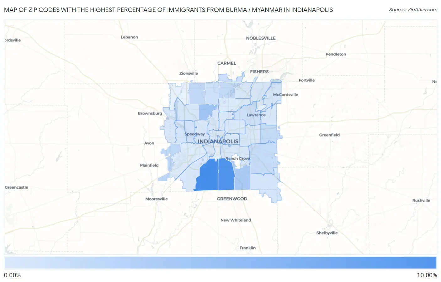 Zip Codes with the Highest Percentage of Immigrants from Burma / Myanmar in Indianapolis Map