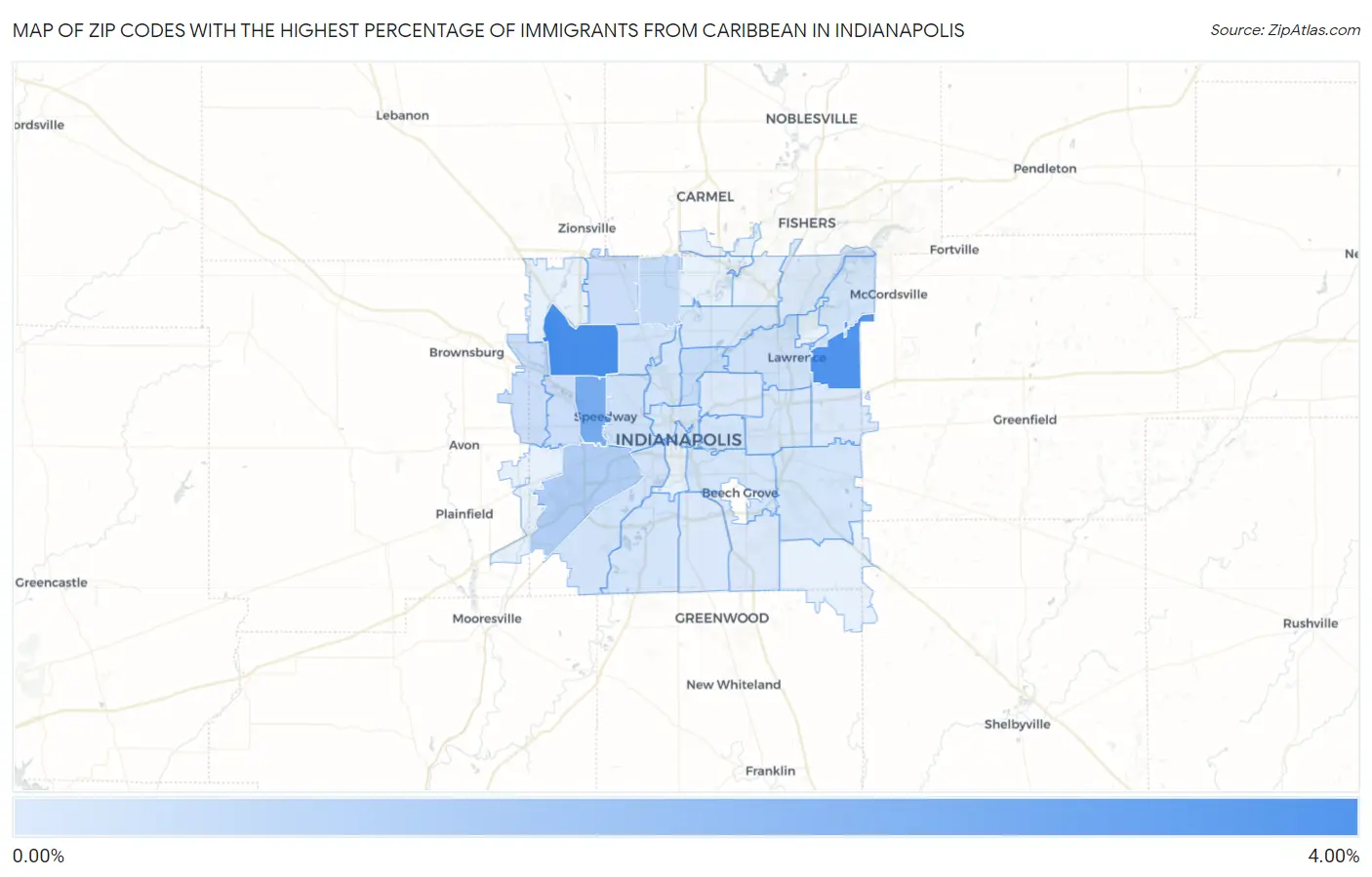 Zip Codes with the Highest Percentage of Immigrants from Caribbean in Indianapolis Map
