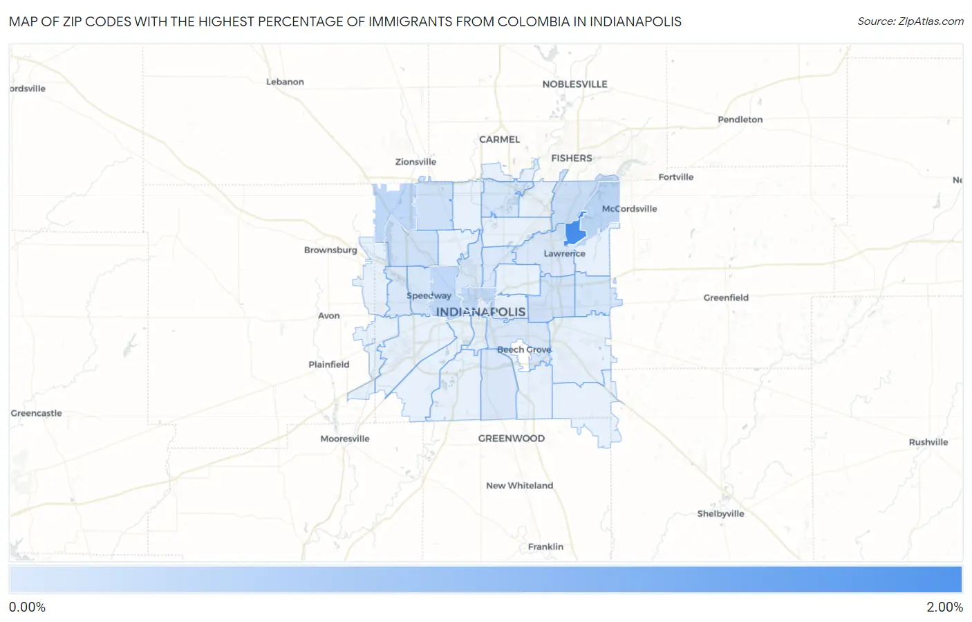 Zip Codes with the Highest Percentage of Immigrants from Colombia in Indianapolis Map