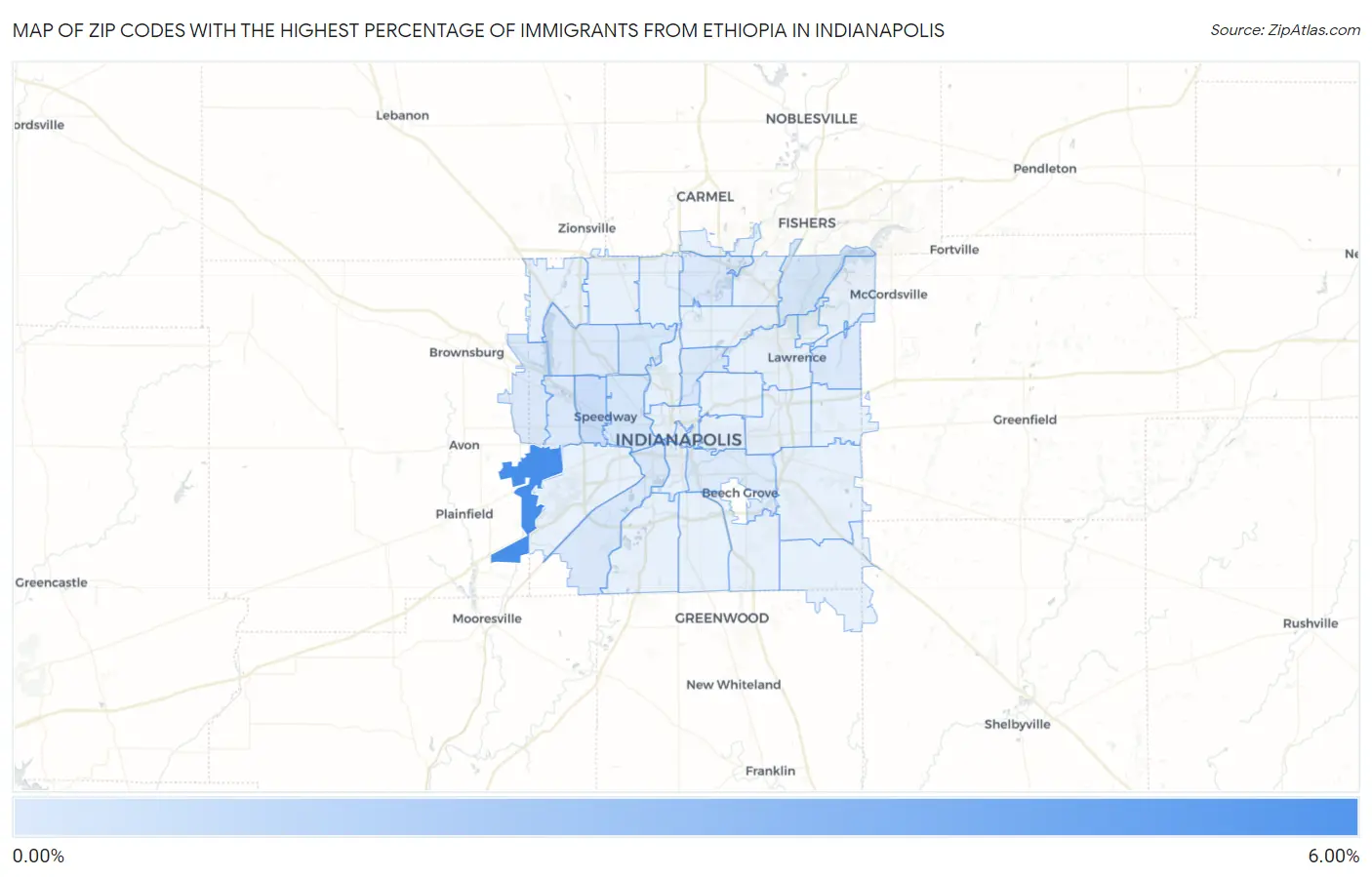 Zip Codes with the Highest Percentage of Immigrants from Ethiopia in Indianapolis Map