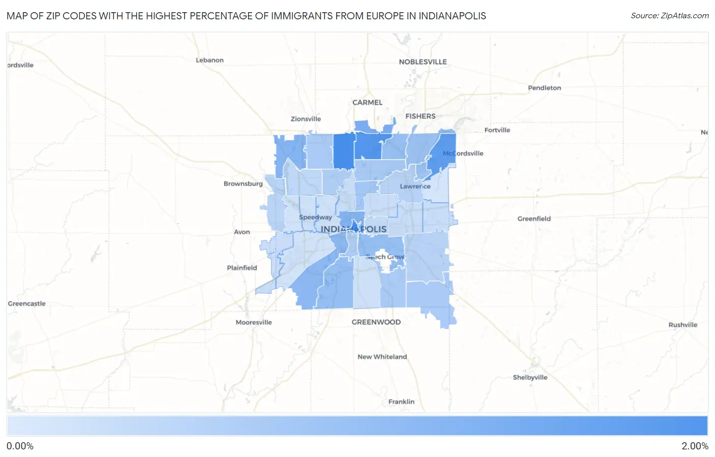 Zip Codes with the Highest Percentage of Immigrants from Europe in Indianapolis Map