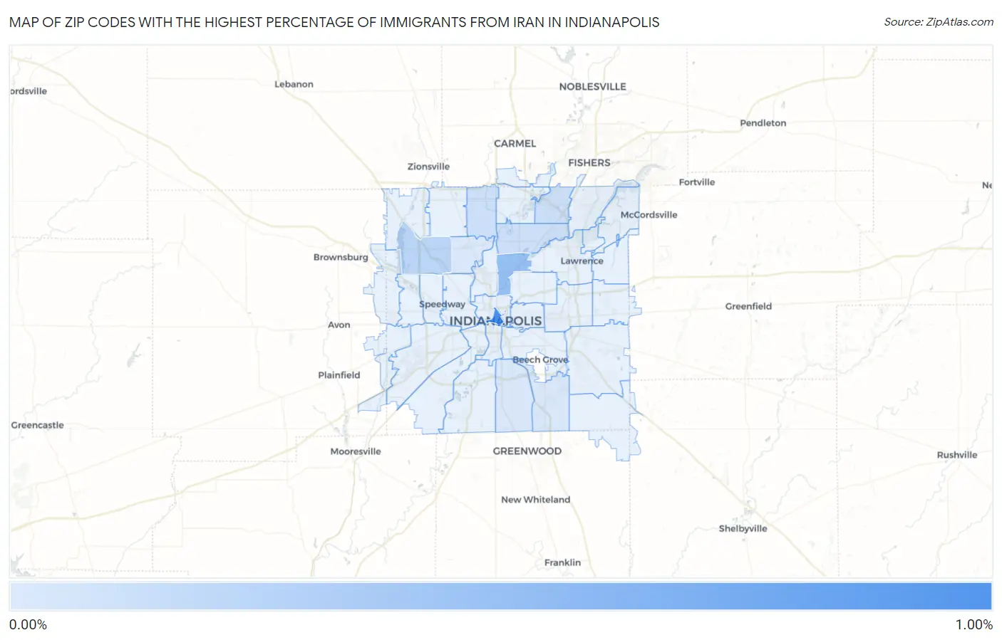 Zip Codes with the Highest Percentage of Immigrants from Iran in Indianapolis Map
