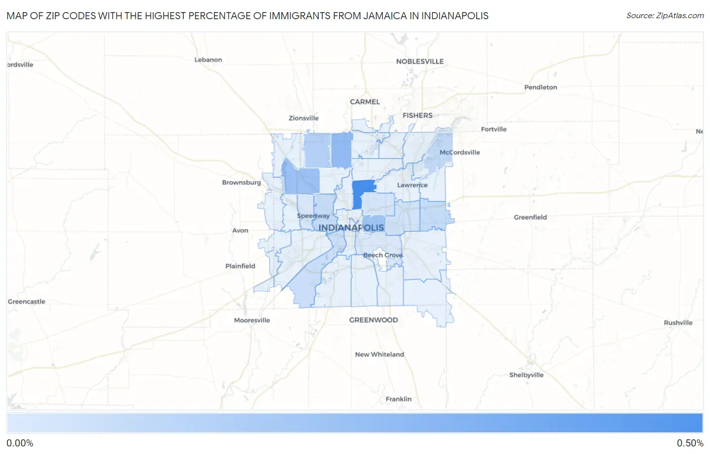 Zip Codes with the Highest Percentage of Immigrants from Jamaica in Indianapolis Map