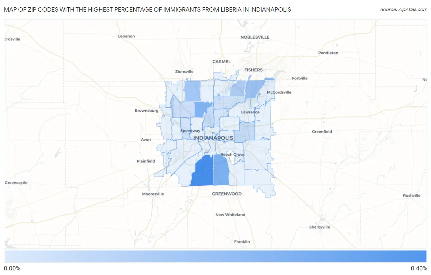 Zip Codes with the Highest Percentage of Immigrants from Liberia in Indianapolis Map