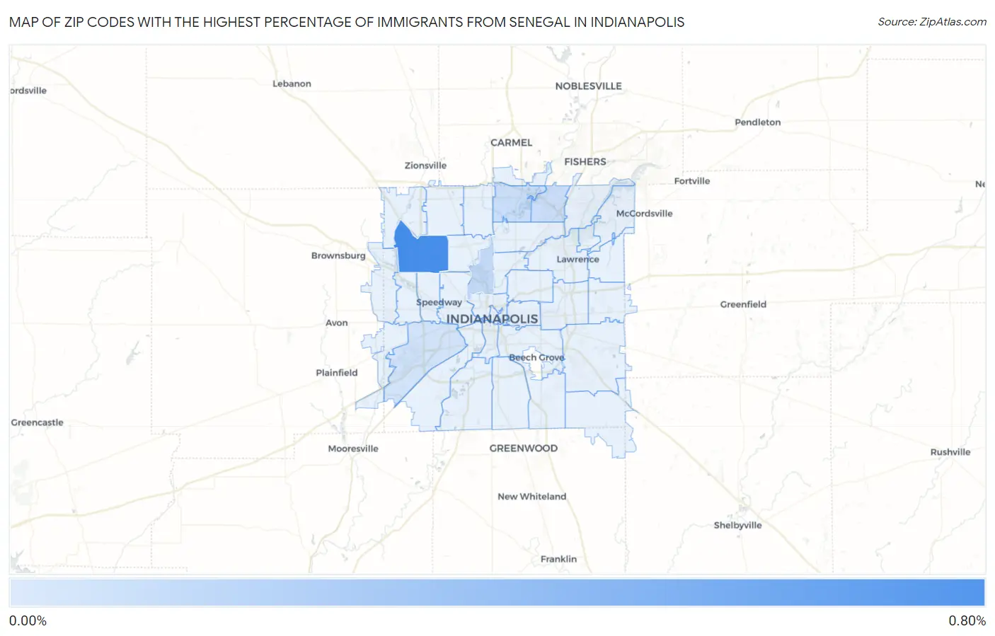 Zip Codes with the Highest Percentage of Immigrants from Senegal in Indianapolis Map