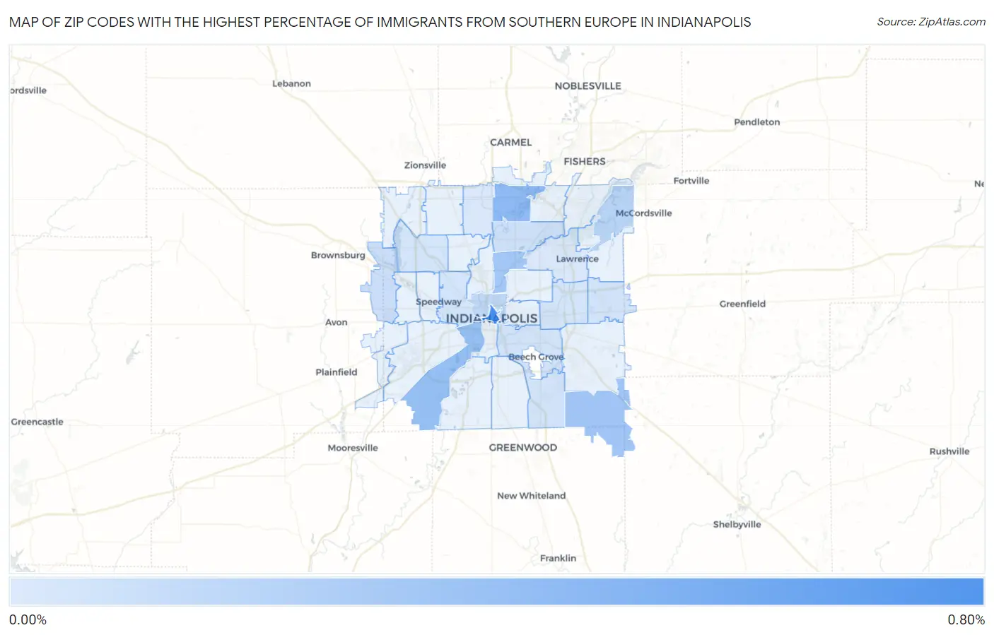 Zip Codes with the Highest Percentage of Immigrants from Southern Europe in Indianapolis Map
