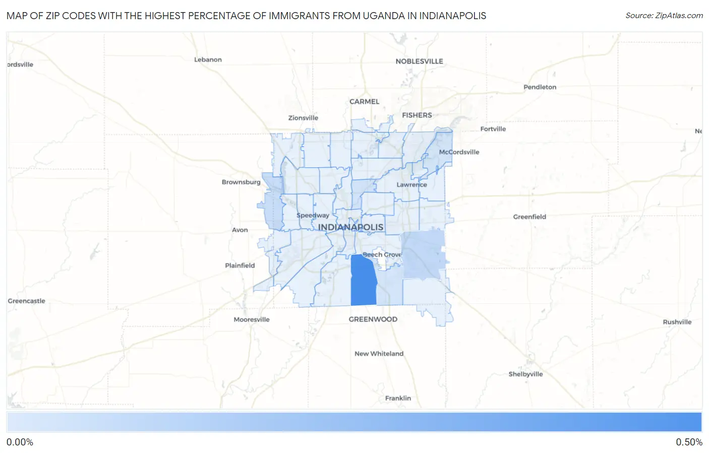 Zip Codes with the Highest Percentage of Immigrants from Uganda in Indianapolis Map
