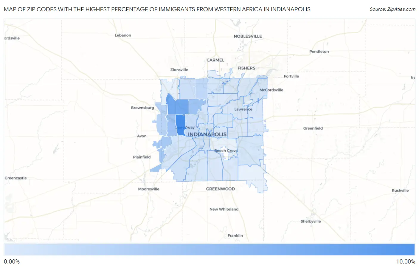 Zip Codes with the Highest Percentage of Immigrants from Western Africa in Indianapolis Map