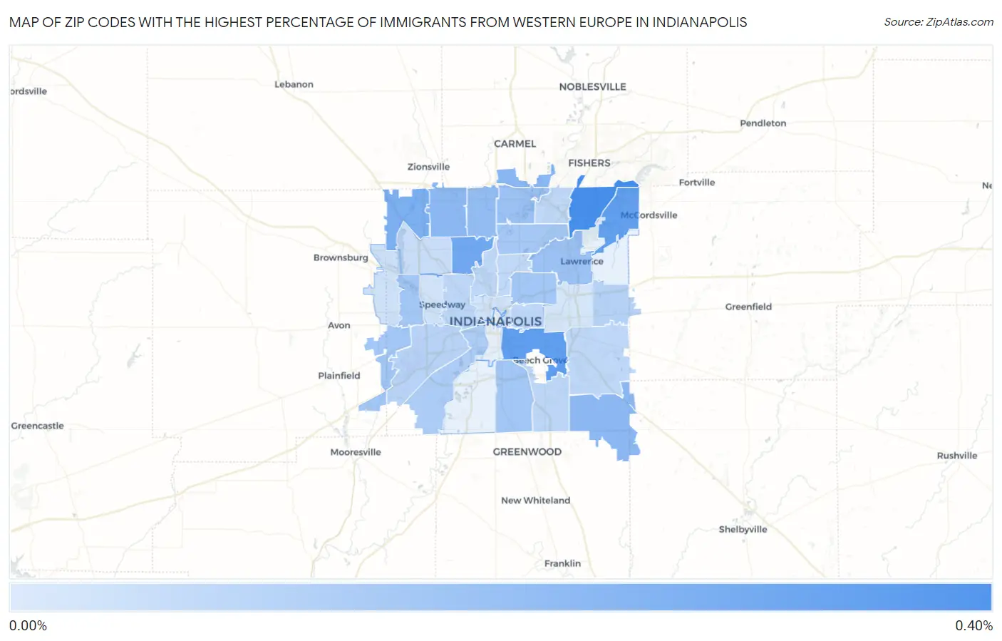 Zip Codes with the Highest Percentage of Immigrants from Western Europe in Indianapolis Map