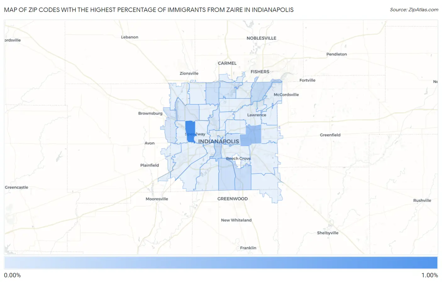 Zip Codes with the Highest Percentage of Immigrants from Zaire in Indianapolis Map