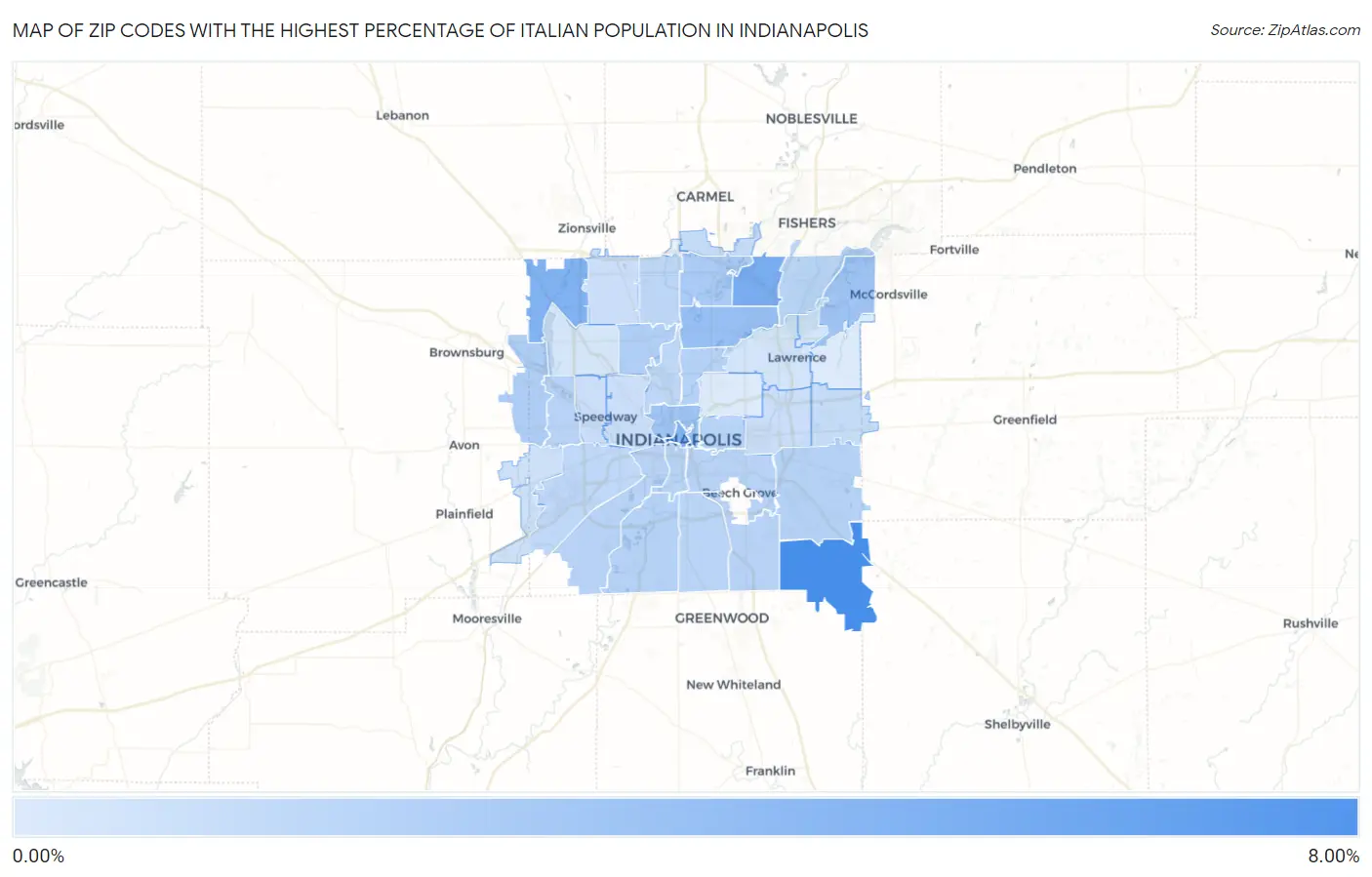 Zip Codes with the Highest Percentage of Italian Population in Indianapolis Map