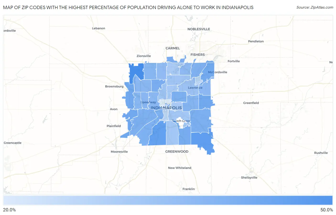 Zip Codes with the Highest Percentage of Population Driving Alone to Work in Indianapolis Map