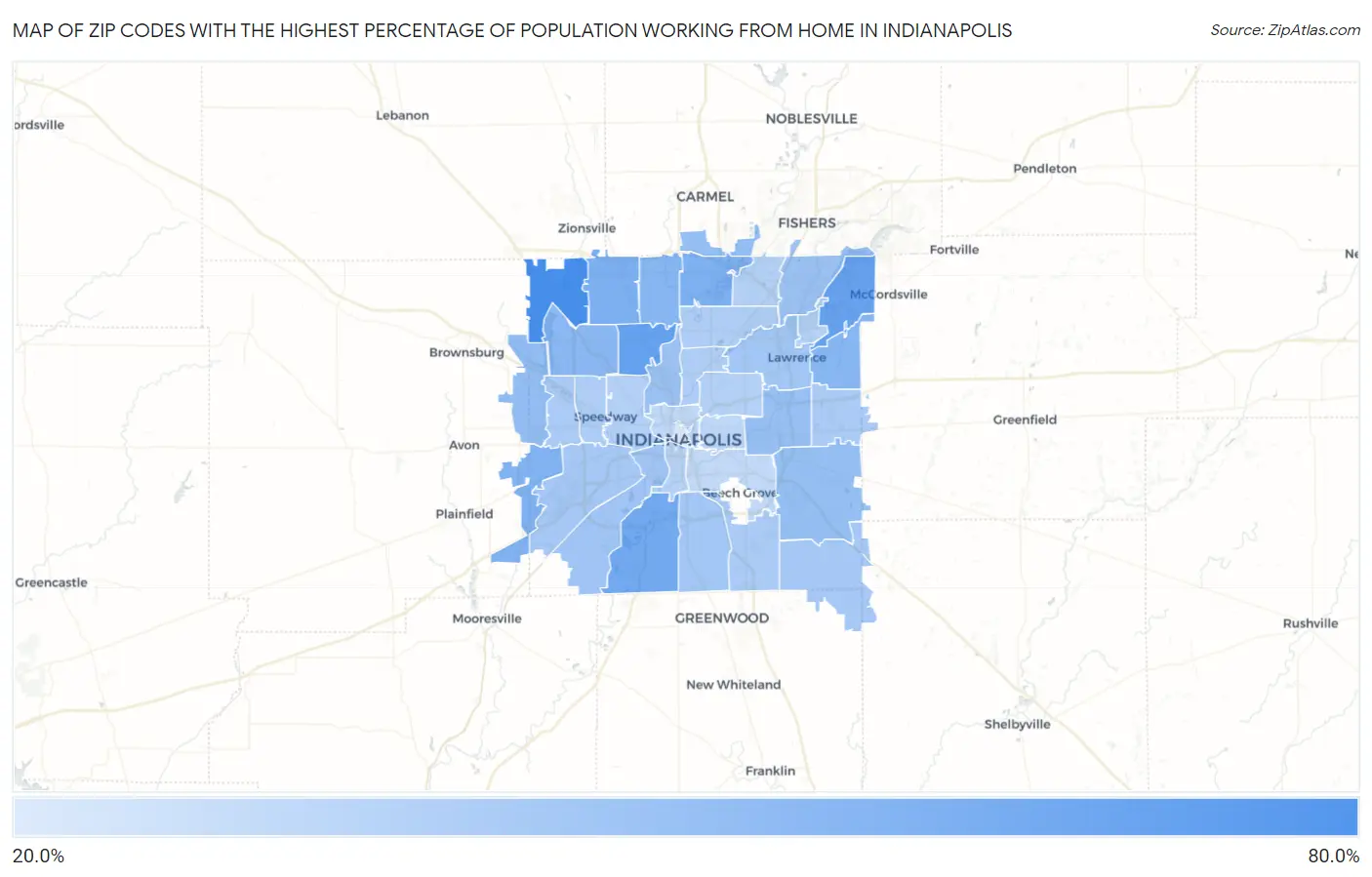 Zip Codes with the Highest Percentage of Population Working from Home in Indianapolis Map