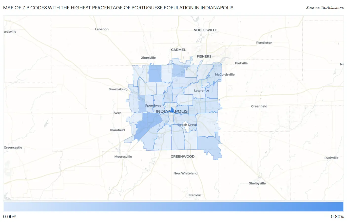 Zip Codes with the Highest Percentage of Portuguese Population in Indianapolis Map