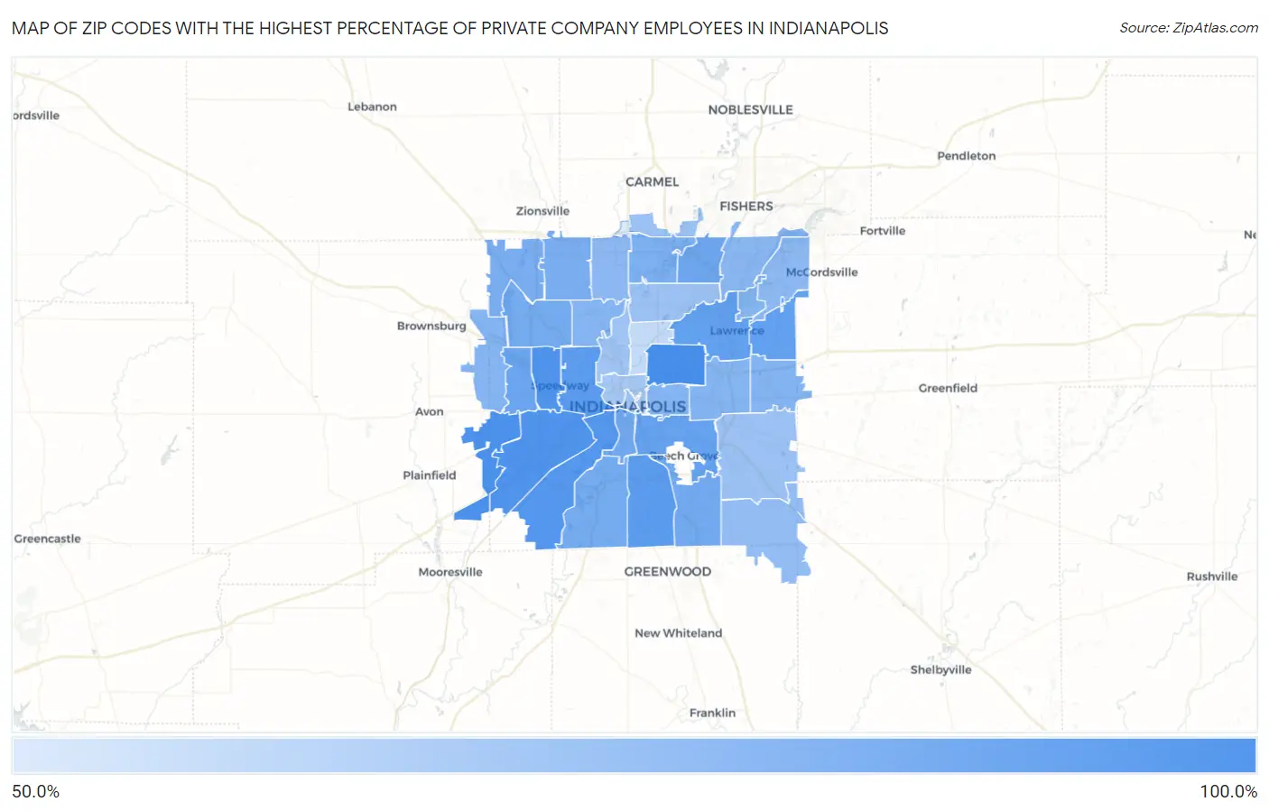 Zip Codes with the Highest Percentage of Private Company Employees in Indianapolis Map