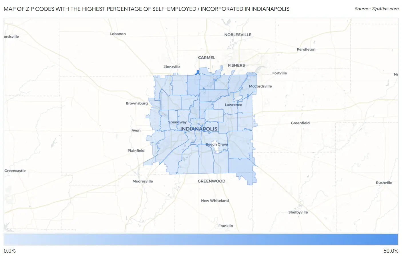 Zip Codes with the Highest Percentage of Self-Employed / Incorporated in Indianapolis Map