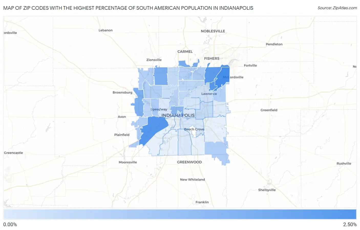 Zip Codes with the Highest Percentage of South American Population in Indianapolis Map