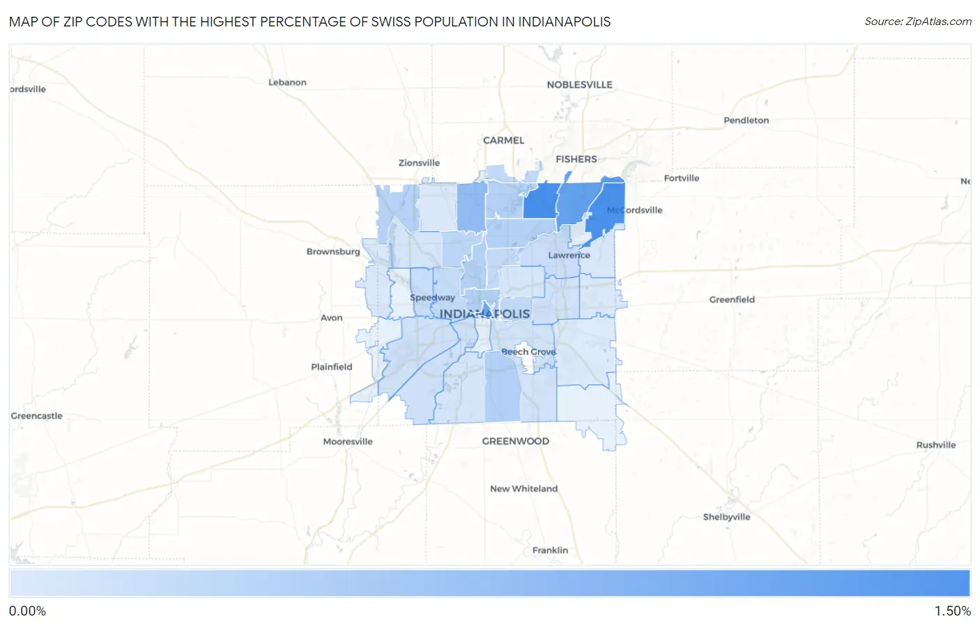 Zip Codes with the Highest Percentage of Swiss Population in Indianapolis Map