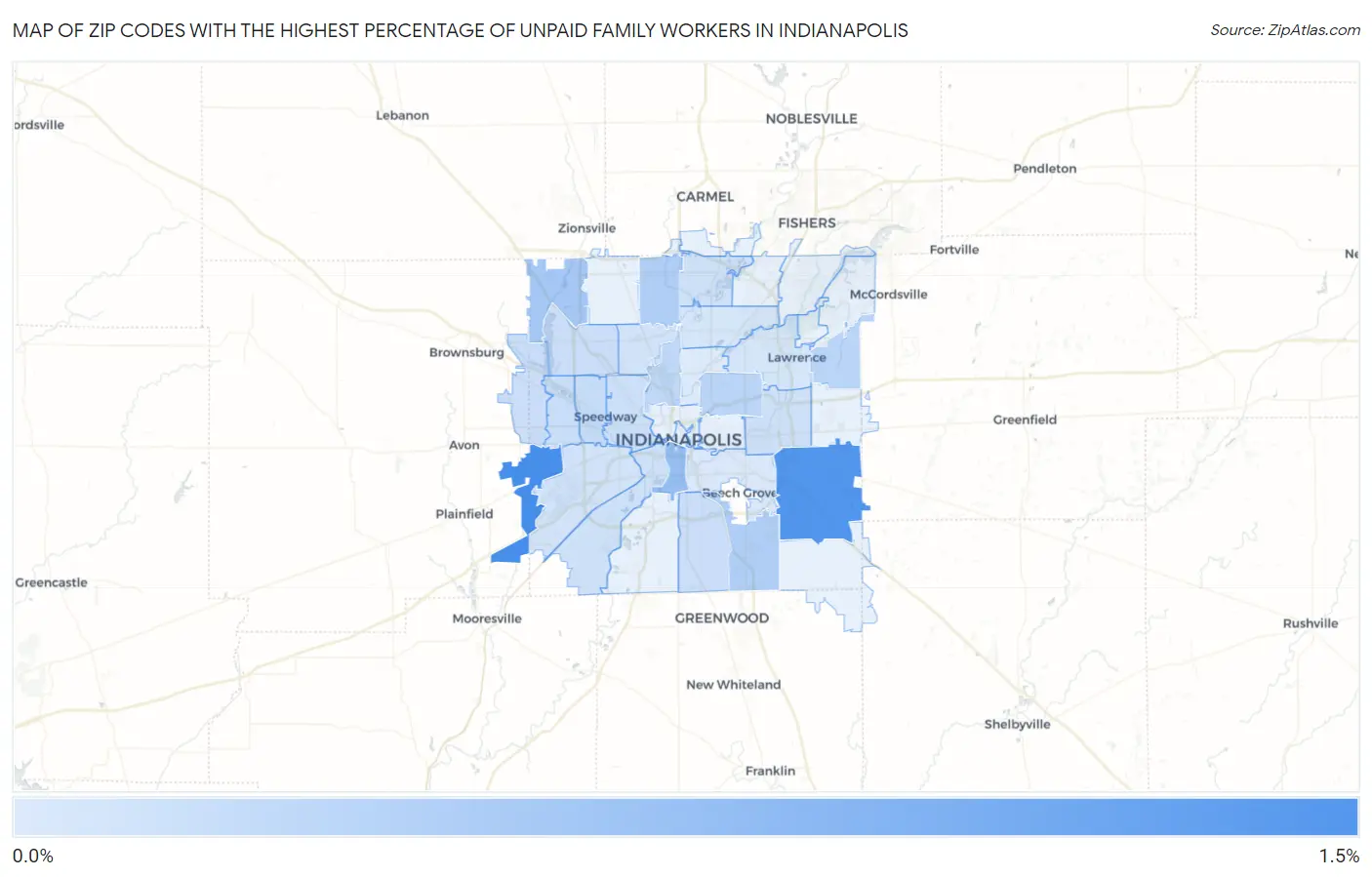 Zip Codes with the Highest Percentage of Unpaid Family Workers in Indianapolis Map