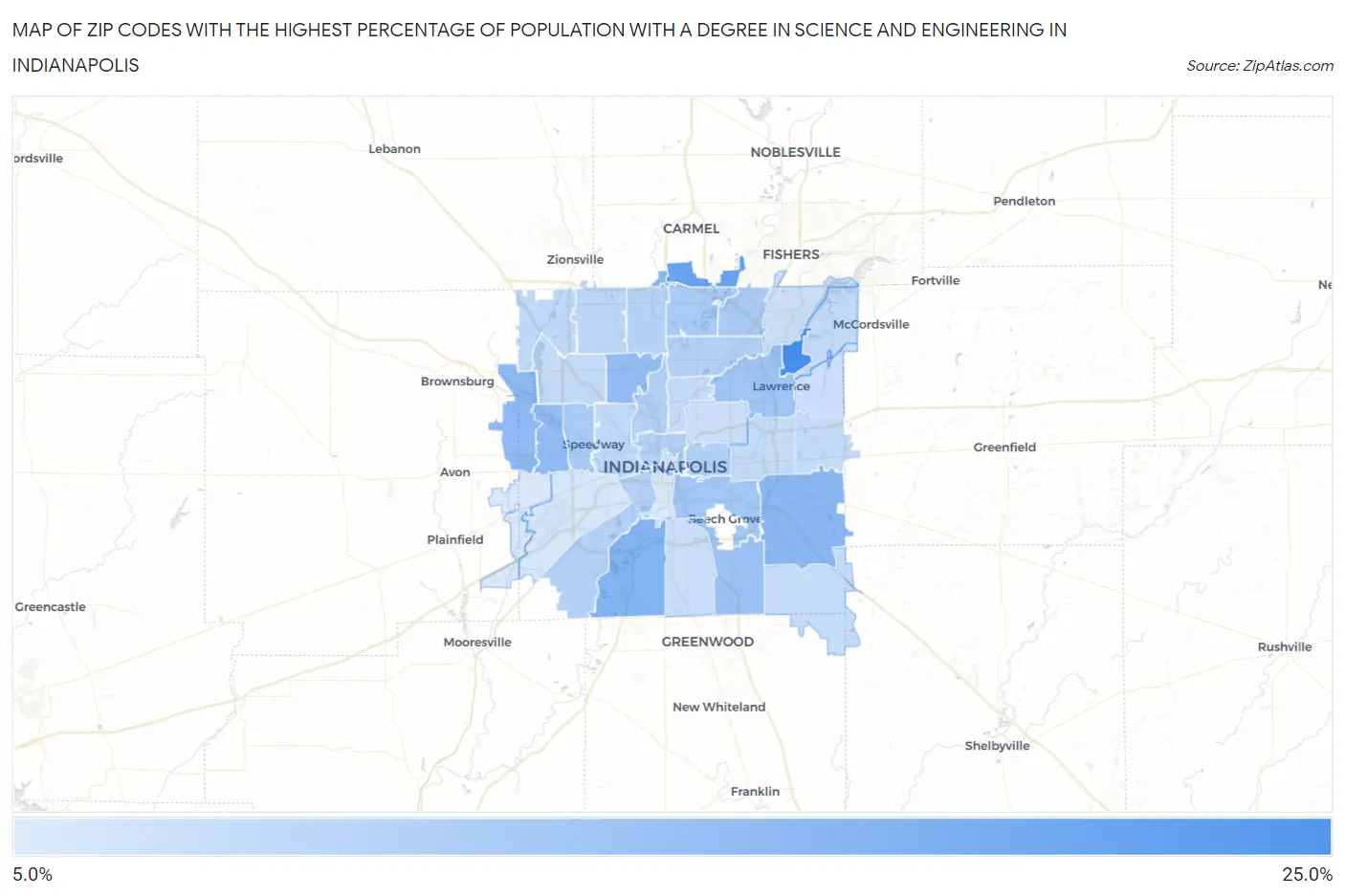 Zip Codes with the Highest Percentage of Population with a Degree in Science and Engineering in Indianapolis Map