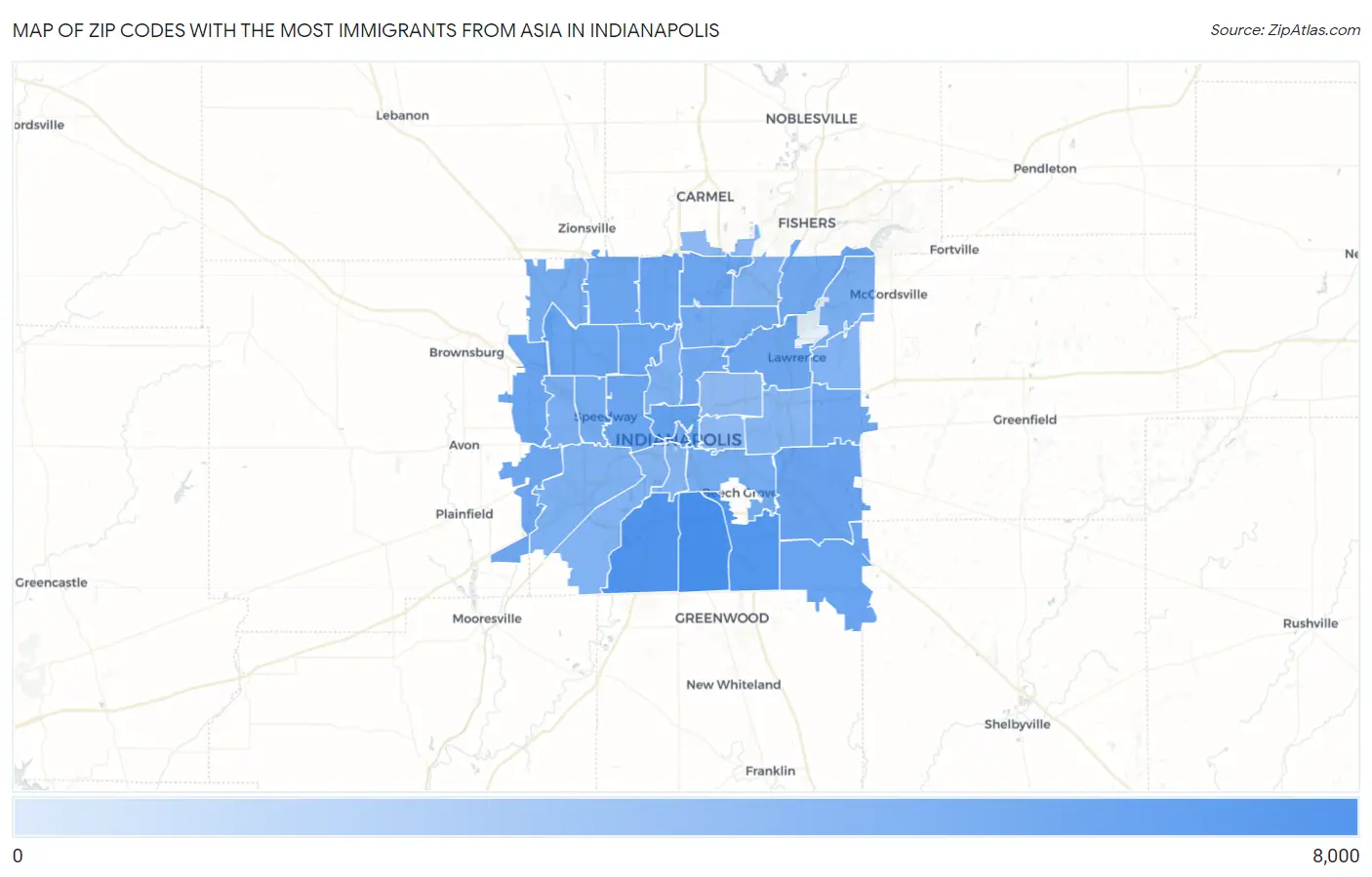 Zip Codes with the Most Immigrants from Asia in Indianapolis Map