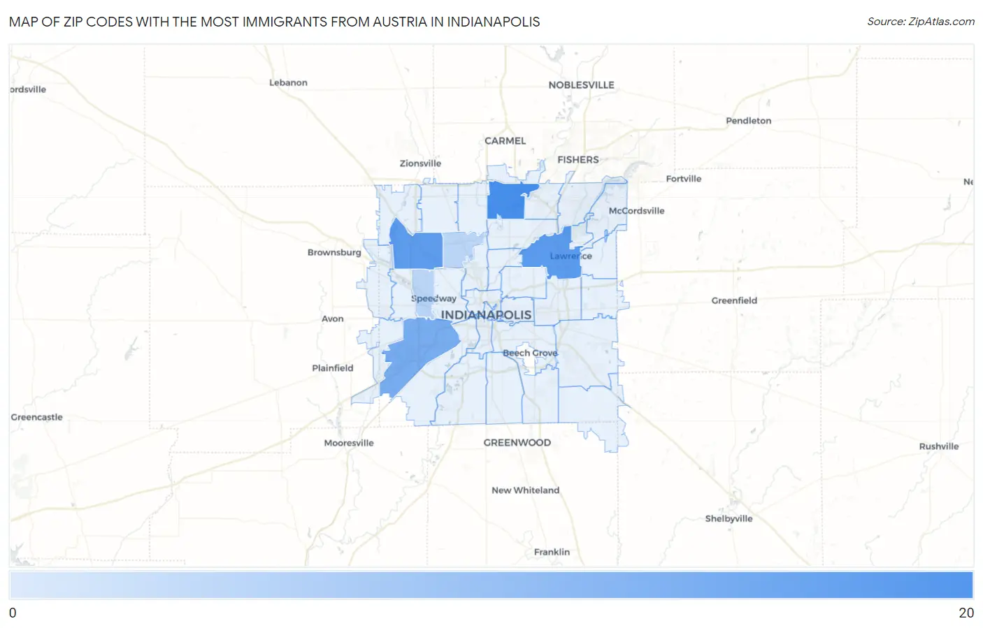 Zip Codes with the Most Immigrants from Austria in Indianapolis Map