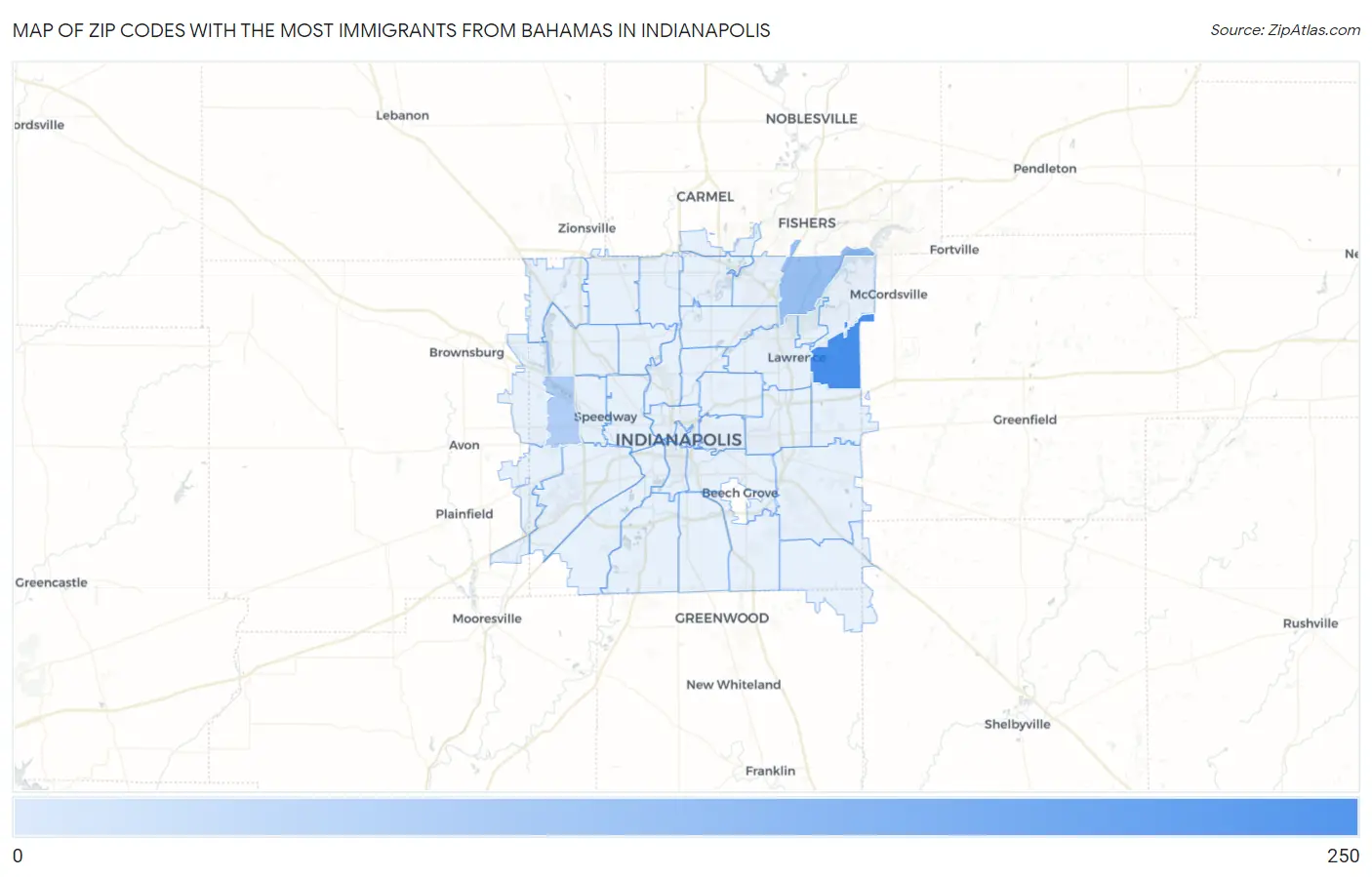 Zip Codes with the Most Immigrants from Bahamas in Indianapolis Map