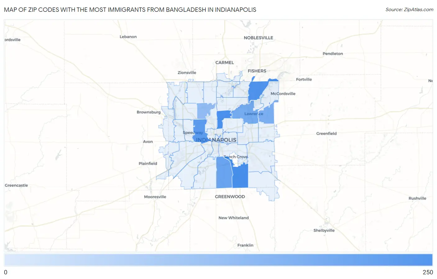 Zip Codes with the Most Immigrants from Bangladesh in Indianapolis Map