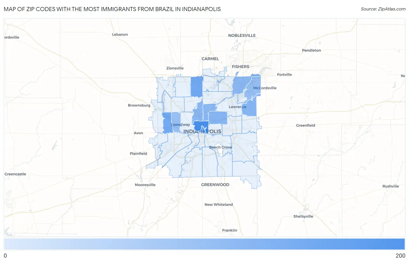 Zip Codes with the Most Immigrants from Brazil in Indianapolis Map