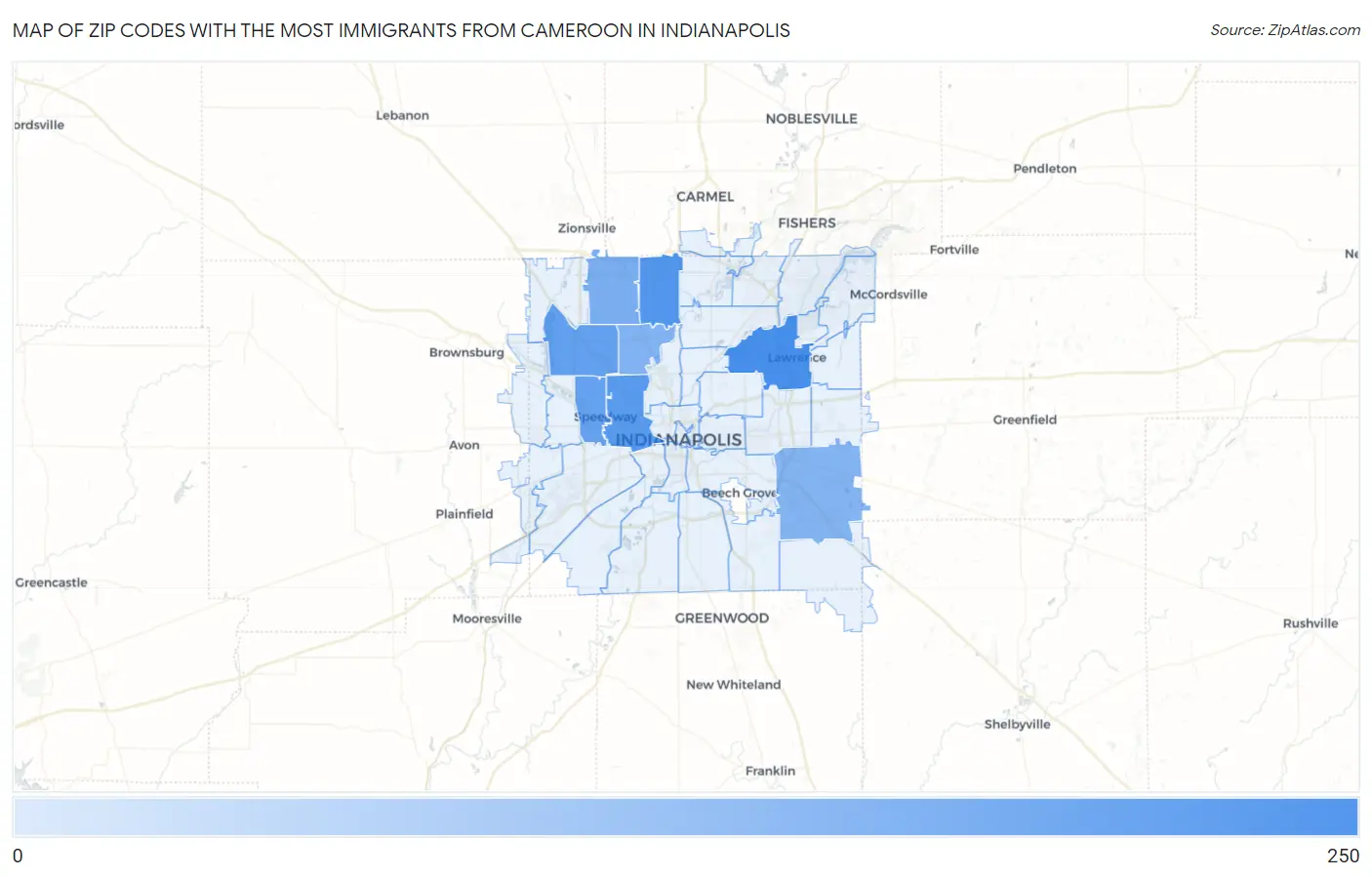 Zip Codes with the Most Immigrants from Cameroon in Indianapolis Map