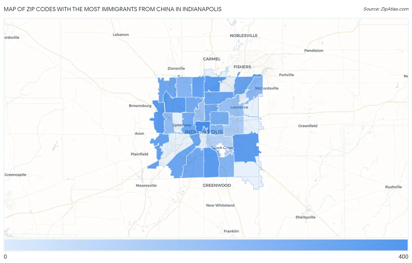 Zip Codes with the Most Immigrants from China in Indianapolis Map