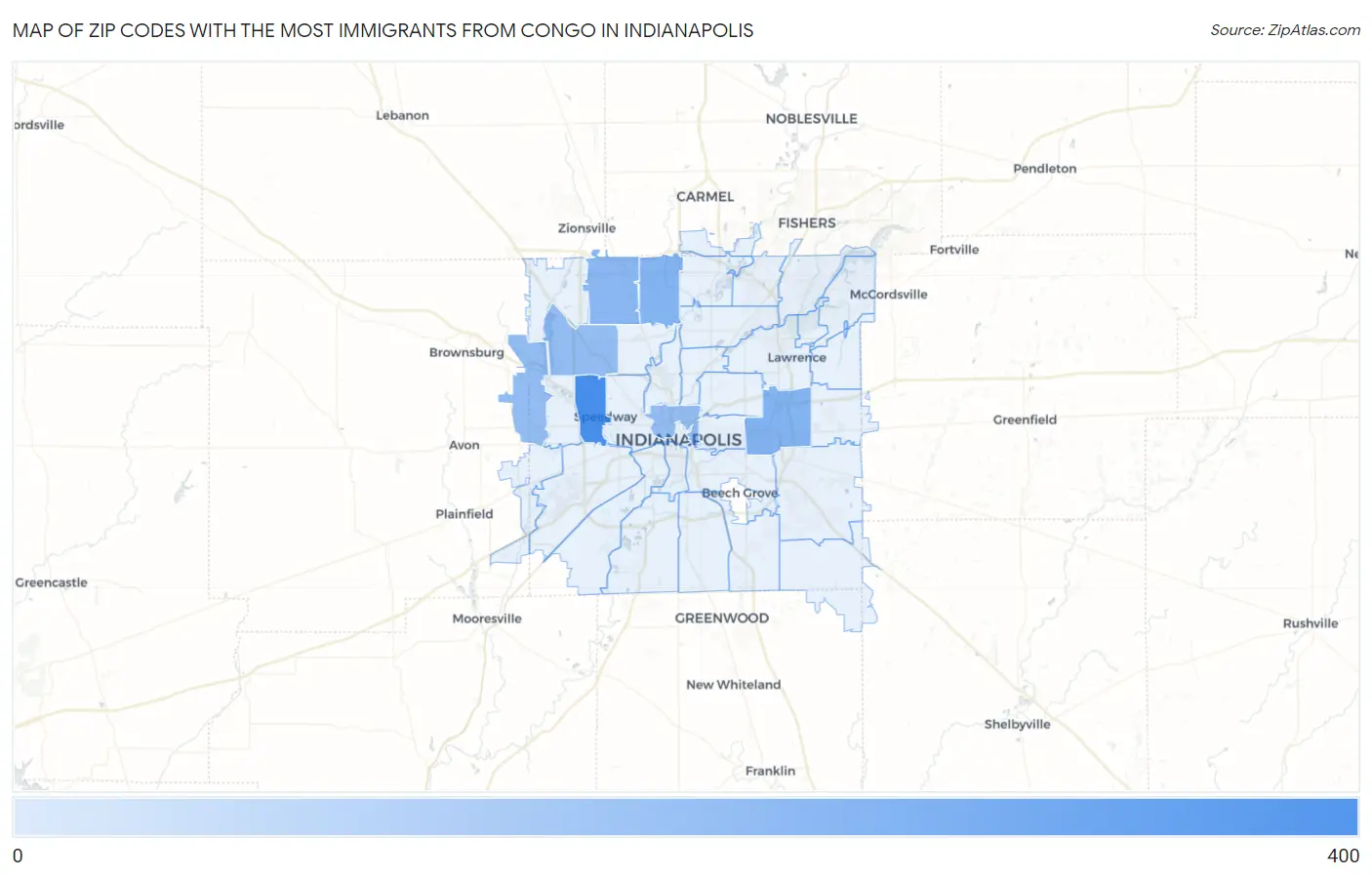 Zip Codes with the Most Immigrants from Congo in Indianapolis Map