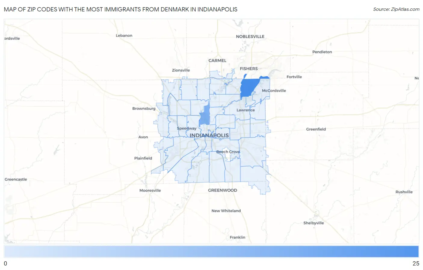 Zip Codes with the Most Immigrants from Denmark in Indianapolis Map