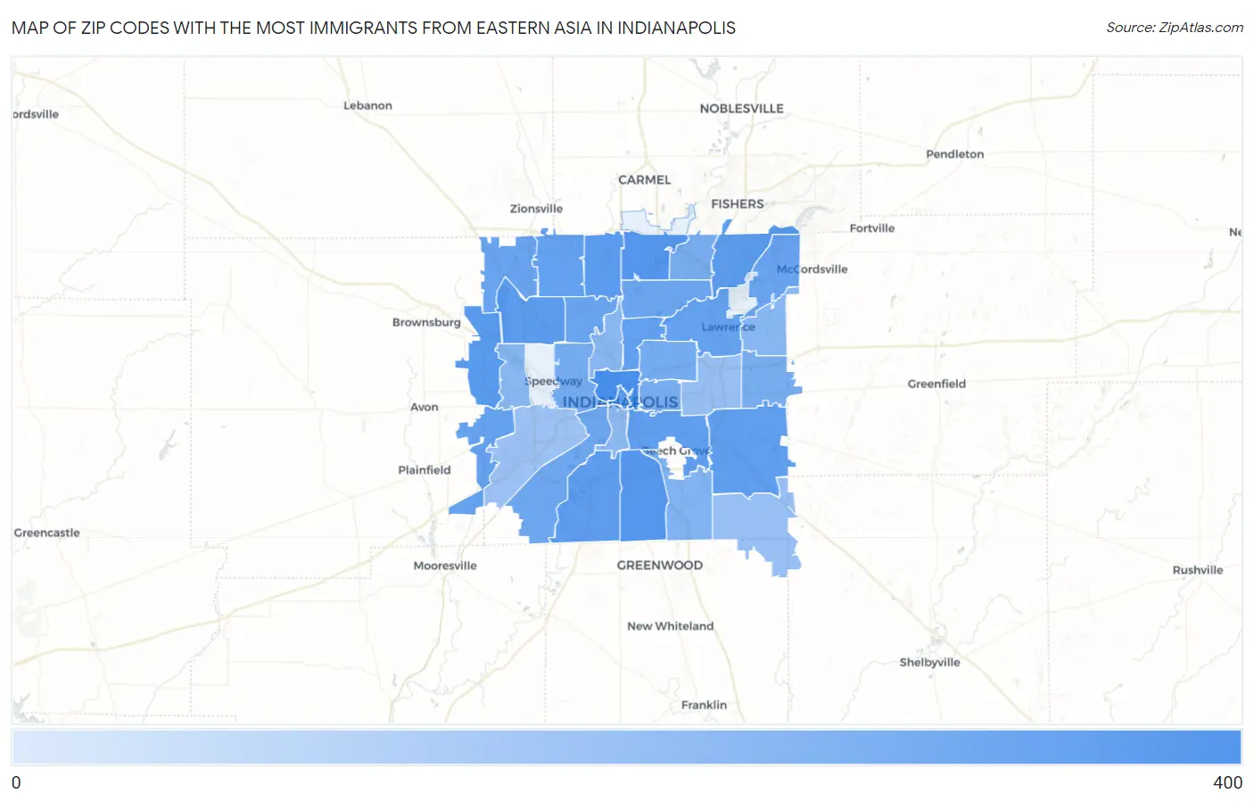 Zip Codes with the Most Immigrants from Eastern Asia in Indianapolis Map