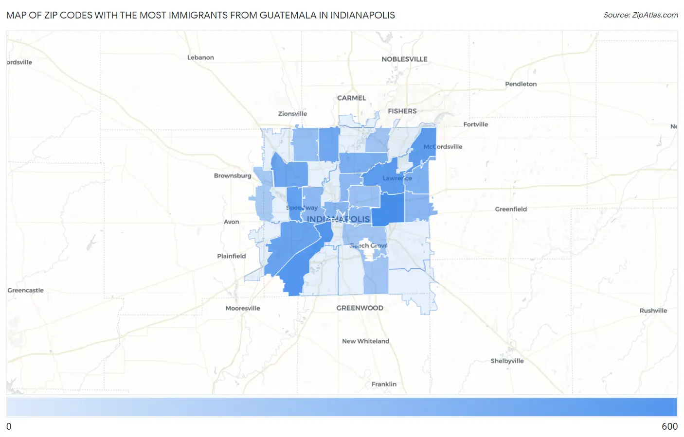 Zip Codes with the Most Immigrants from Guatemala in Indianapolis Map
