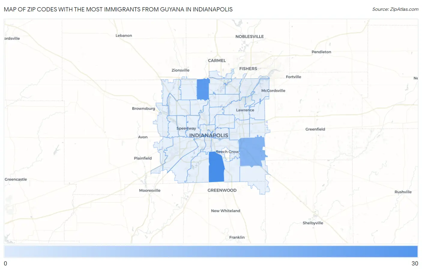 Zip Codes with the Most Immigrants from Guyana in Indianapolis Map