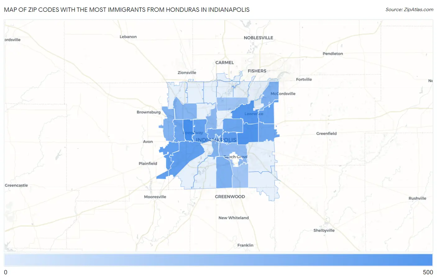Zip Codes with the Most Immigrants from Honduras in Indianapolis Map