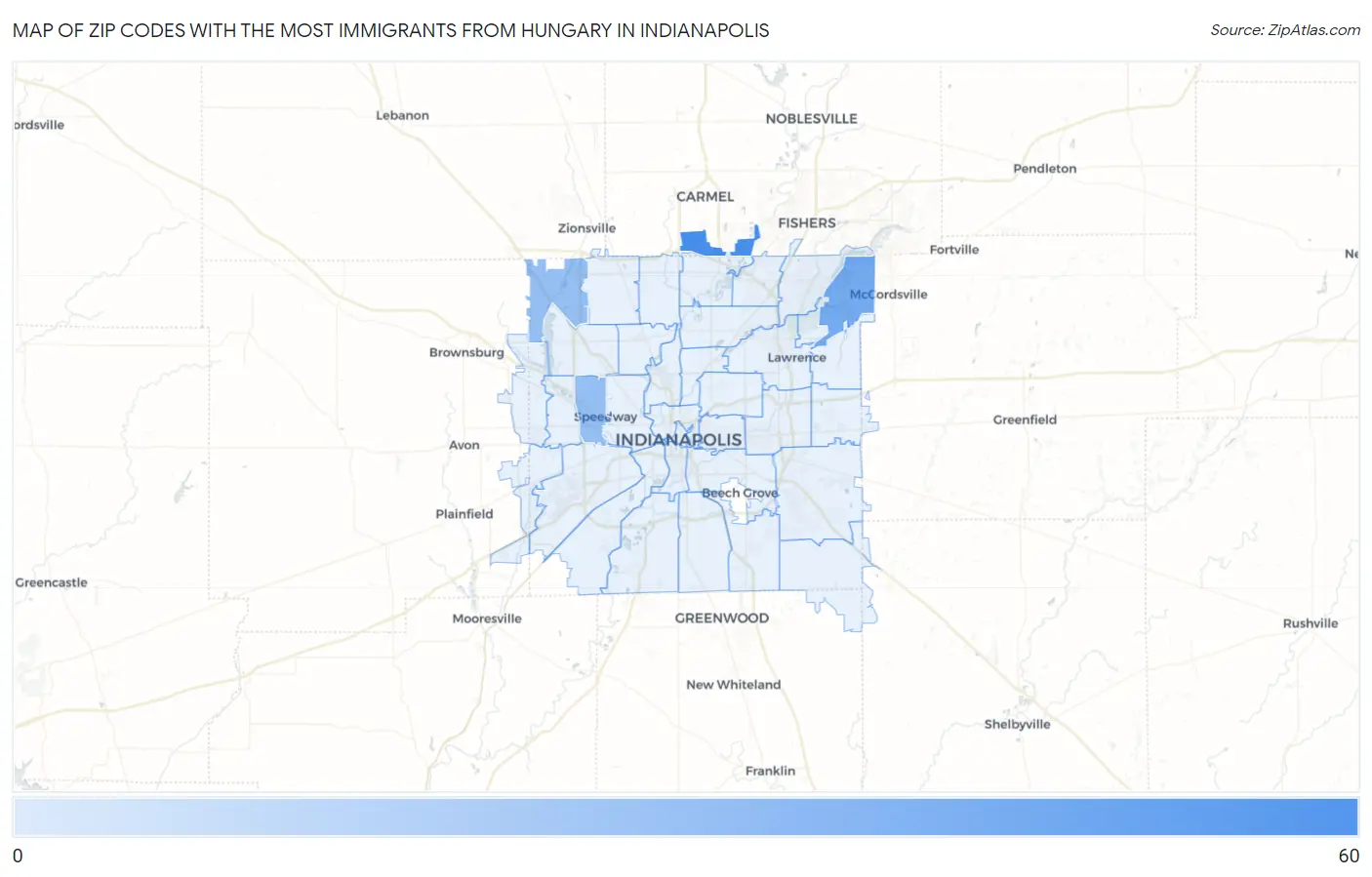Zip Codes with the Most Immigrants from Hungary in Indianapolis Map
