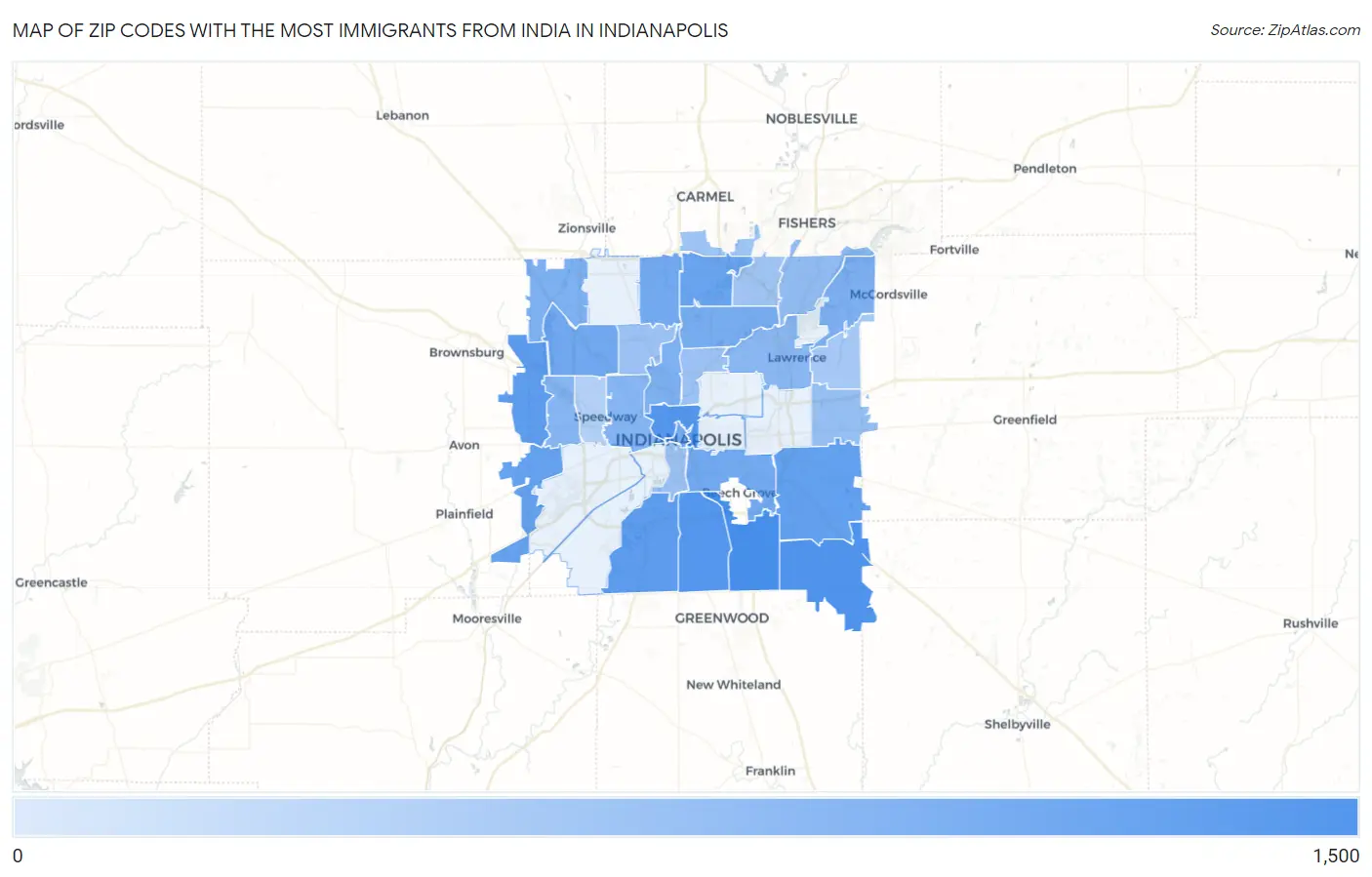 Zip Codes with the Most Immigrants from India in Indianapolis Map