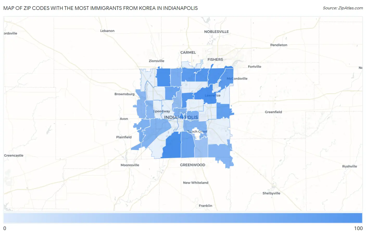Zip Codes with the Most Immigrants from Korea in Indianapolis Map
