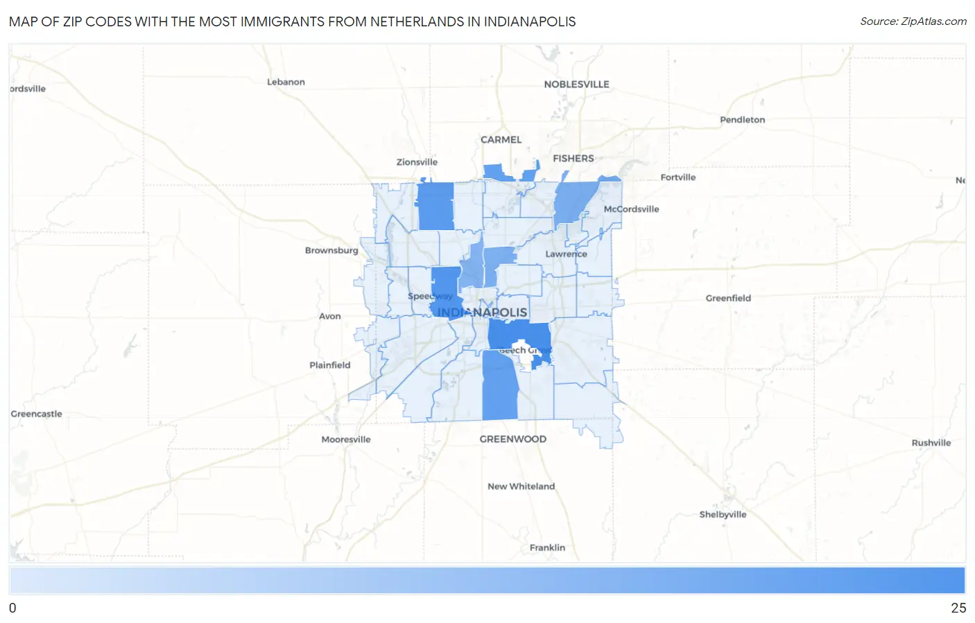Zip Codes with the Most Immigrants from Netherlands in Indianapolis Map