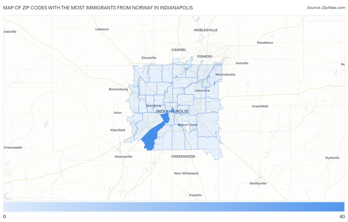 Zip Codes with the Most Immigrants from Norway in Indianapolis Map
